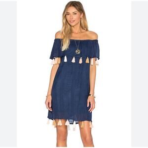 Chloe Oliver XS Palm Beach Tassel Off The Shoulder Summer Boho Dress Navy Rayon